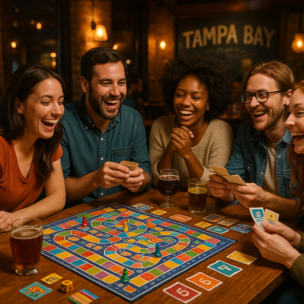 Friends gathered around board games and trivia cards at a warm, lively Tampa Bay bar on game night