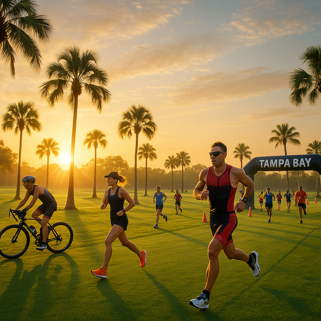 Golfers teeing off at a Tampa Bay area golf course on a sunny Florida morning with palm trees in the background
