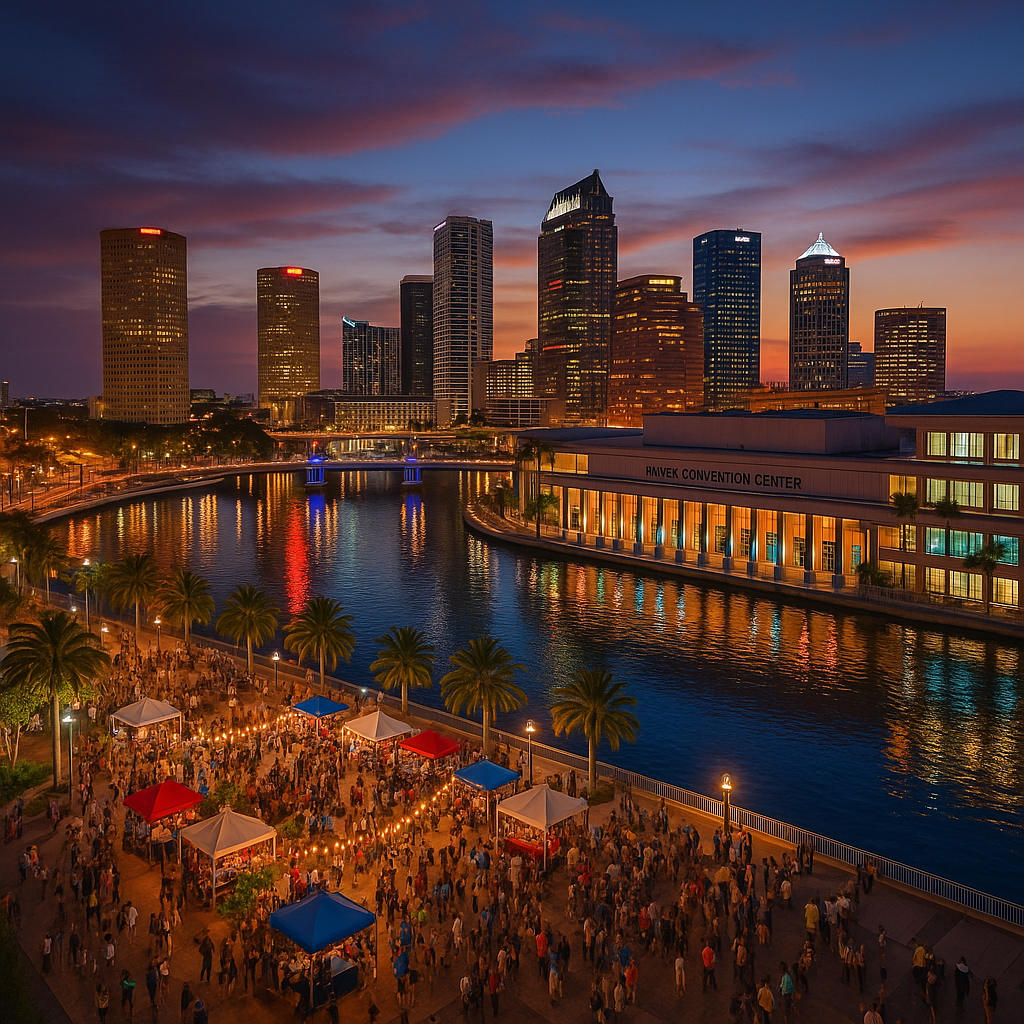 Tampa Bay waterfront at dusk with crowds gathered for a cultural event, city lights reflecting on the water