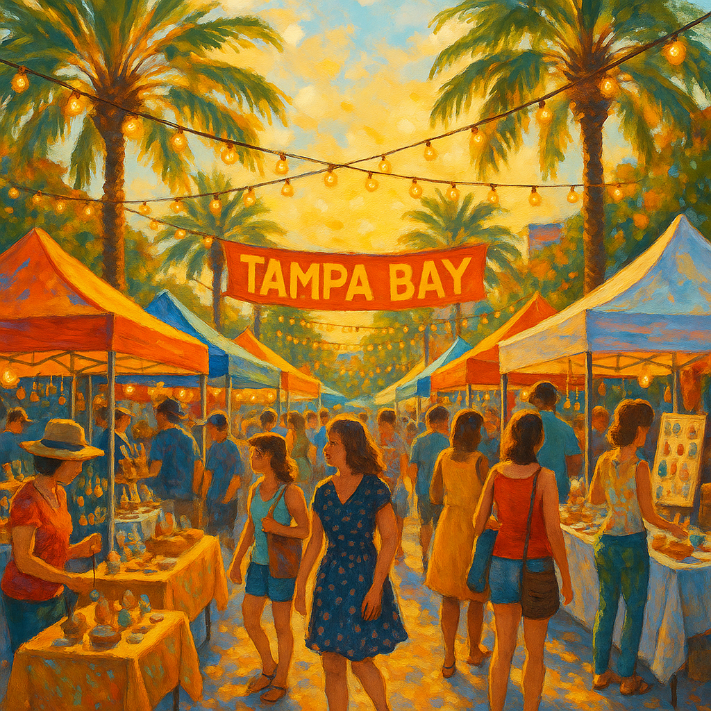 Colorful outdoor market festival in Tampa Bay with vendor tents, shoppers, and palm trees under warm afternoon sun